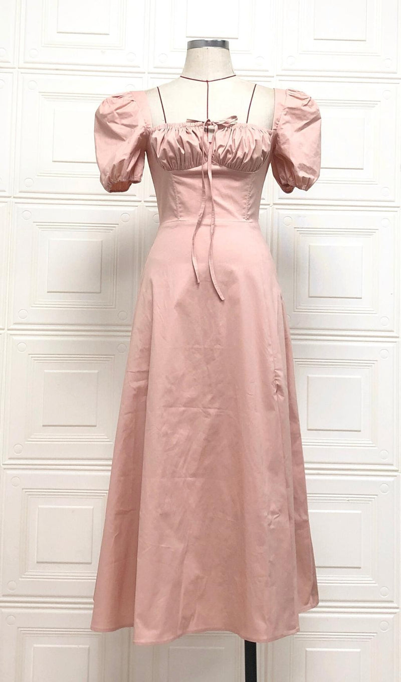 PUFF SLEEVE MIDI DRESS IN BLUSH PINK