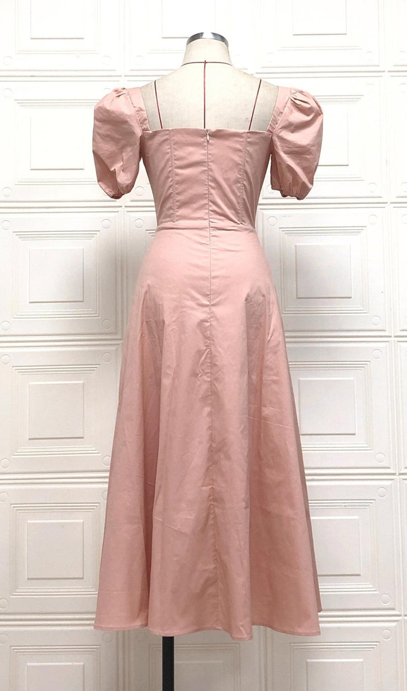 PUFF SLEEVE MIDI DRESS IN BLUSH PINK