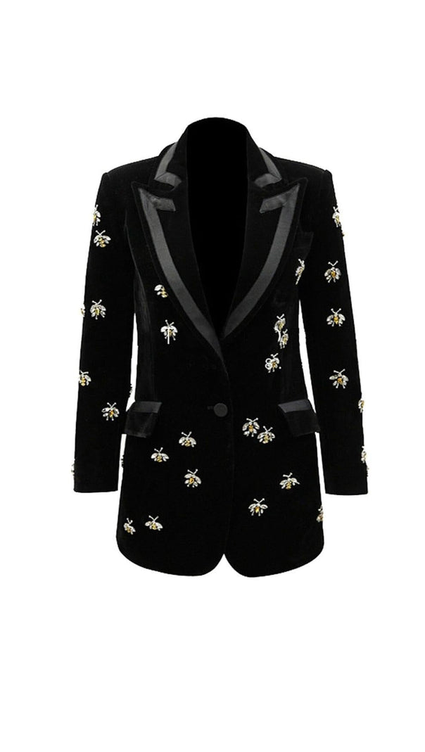 AIIZIE BLACK VELVET BLAZER JACKET WITH RHINESTONE BEES - product image