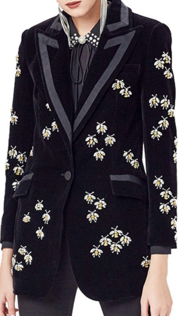 AIIZIE BLACK VELVET BLAZER JACKET WITH RHINESTONE BEES - product image