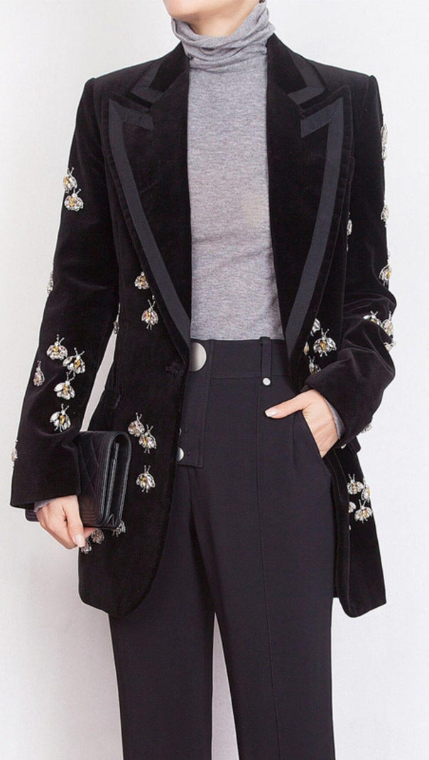 AIIZIE BLACK VELVET BLAZER JACKET WITH RHINESTONE BEES - product image