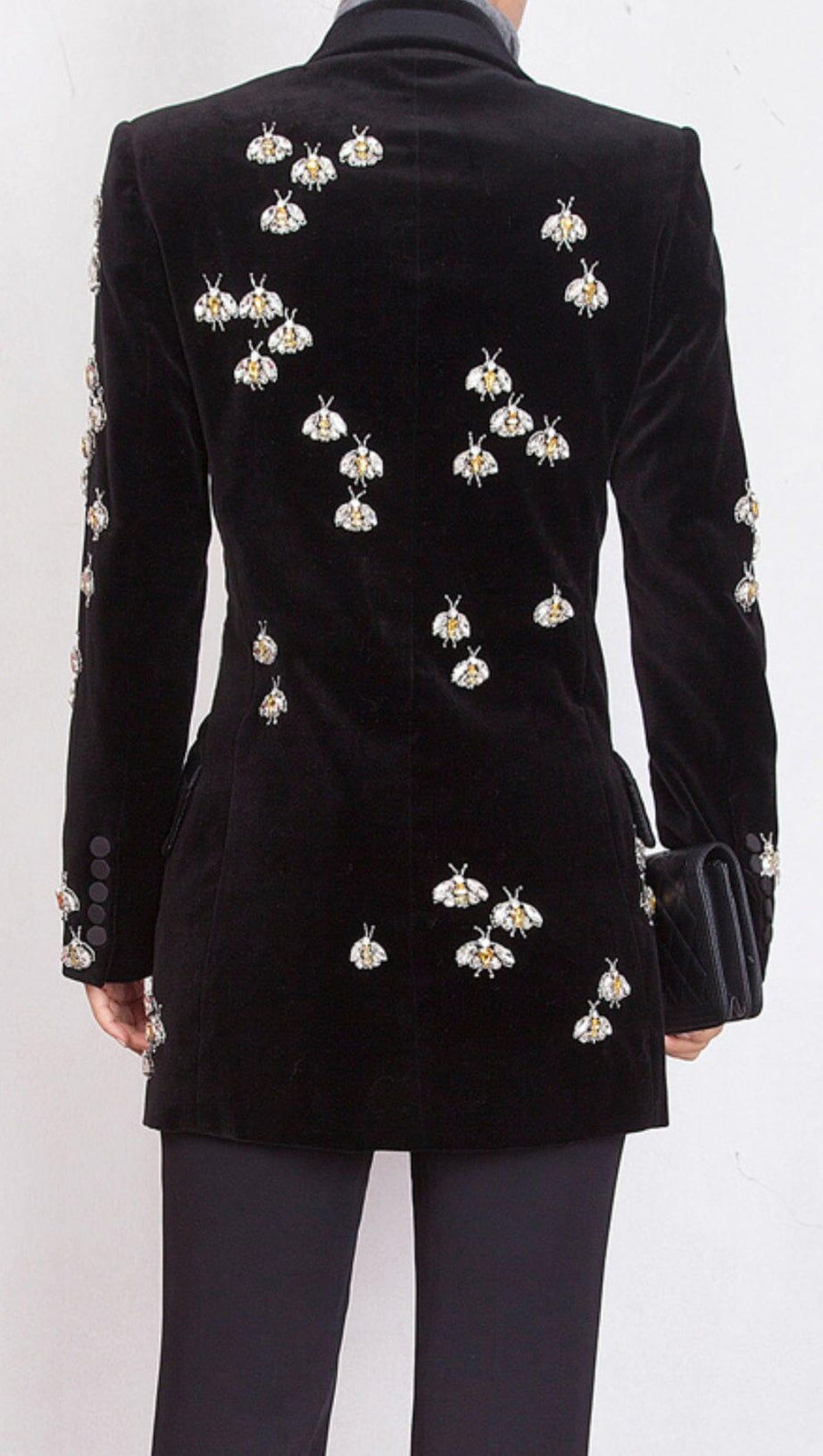 BLACK VELVET BLAZER JACKET WITH RHINESTONE BEES