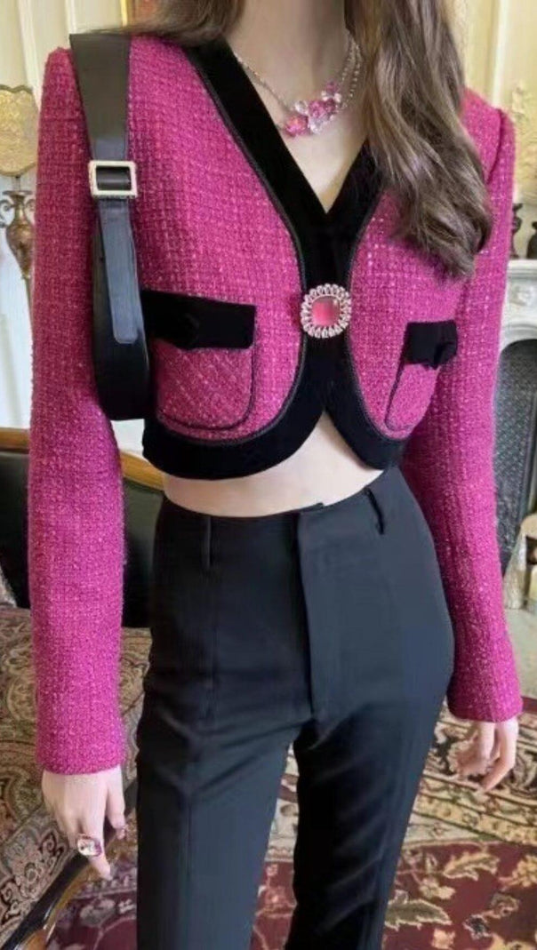 AIIZIE V NECK LONG SLEEVE PATCHWORK BUTTON VINTAGE SHORT COATS - product image