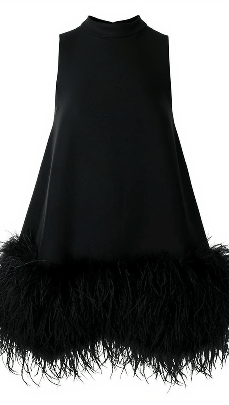 NISHA FEATHER MINI DRESS IN BLACK