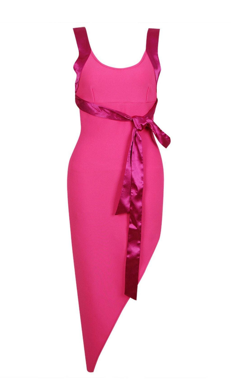 ABITO MIDI ASIMMETRICO CON BENDAGGI ROSA