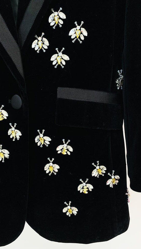 BLACK VELVET BLAZER JACKET WITH RHINESTONE BEES
