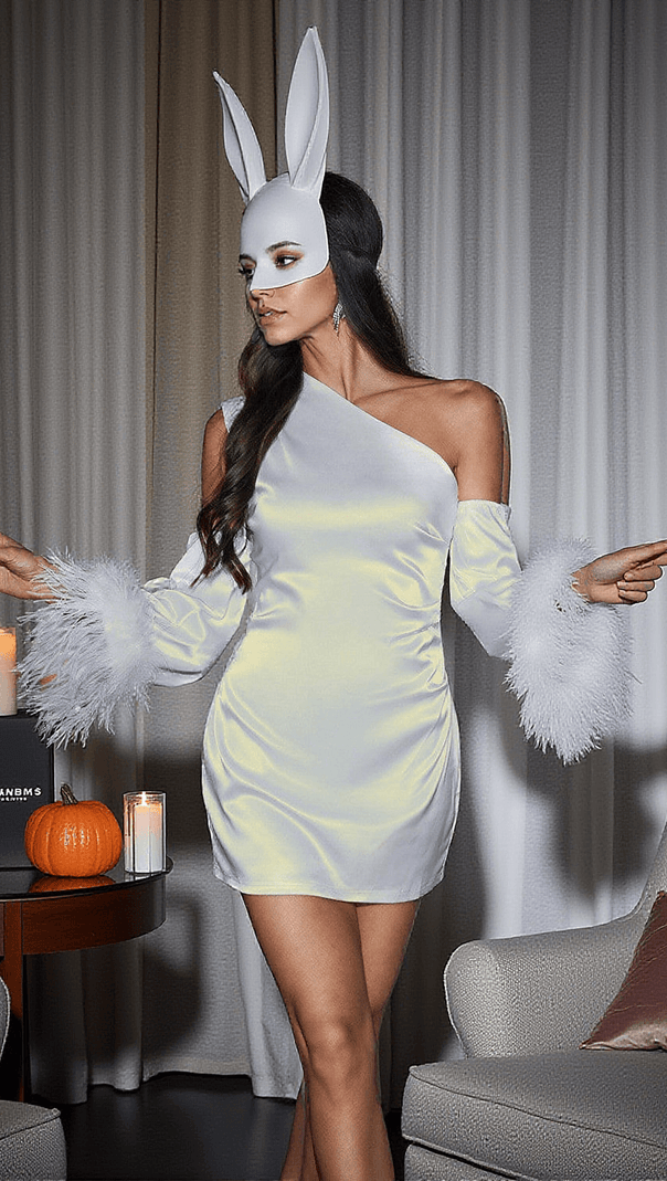 AIIZIE KLARA SATIN FEATHER TRIMMED MINI DRESS IN WHITE - product image