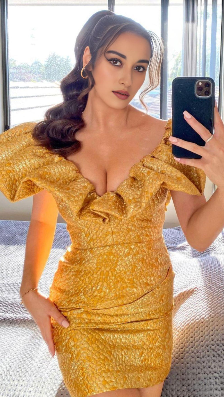 JACQUARD LACE UP MINI DRESS IN TAN