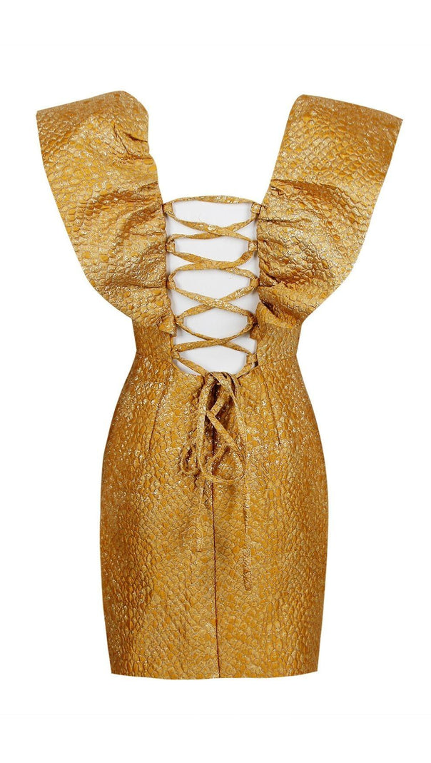 AIIZIE JACQUARD LACE UP MINI DRESS IN TAN - product image