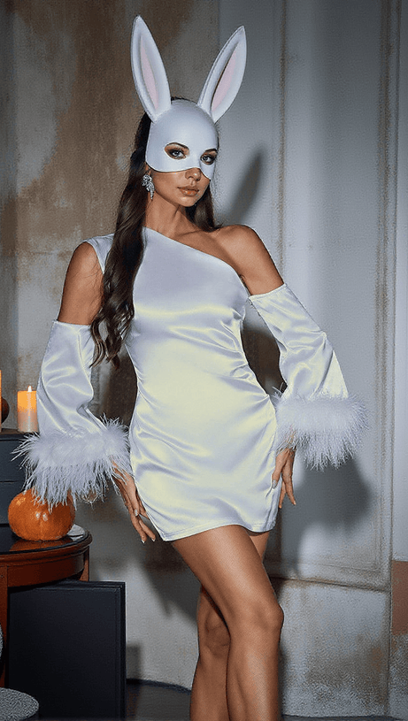 KLARA SATIN FEATHER TRIMMED MINI DRESS IN WHITE