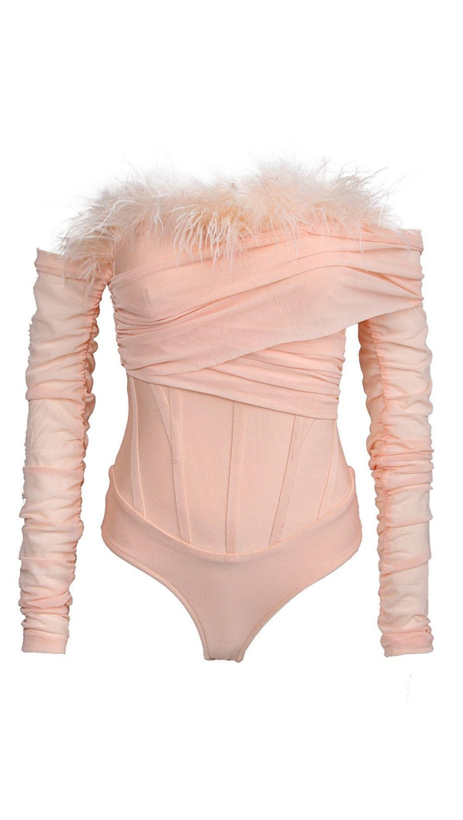 FEATHER BODYSUIT IN BLUSH PINK