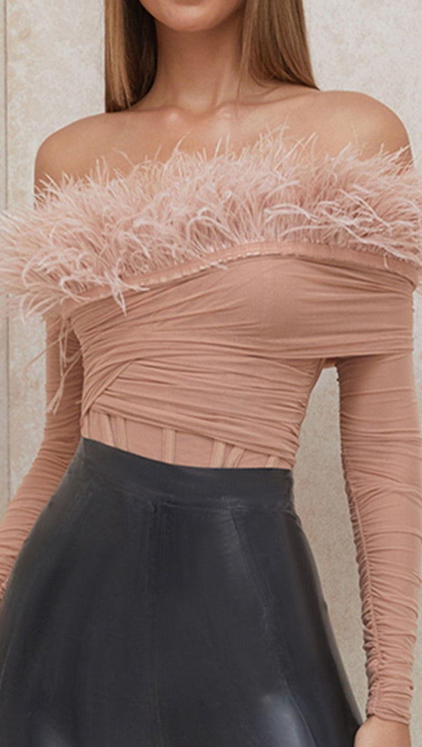AIIZIE FEATHER BODYSUIT IN BLUSH PINK - product image