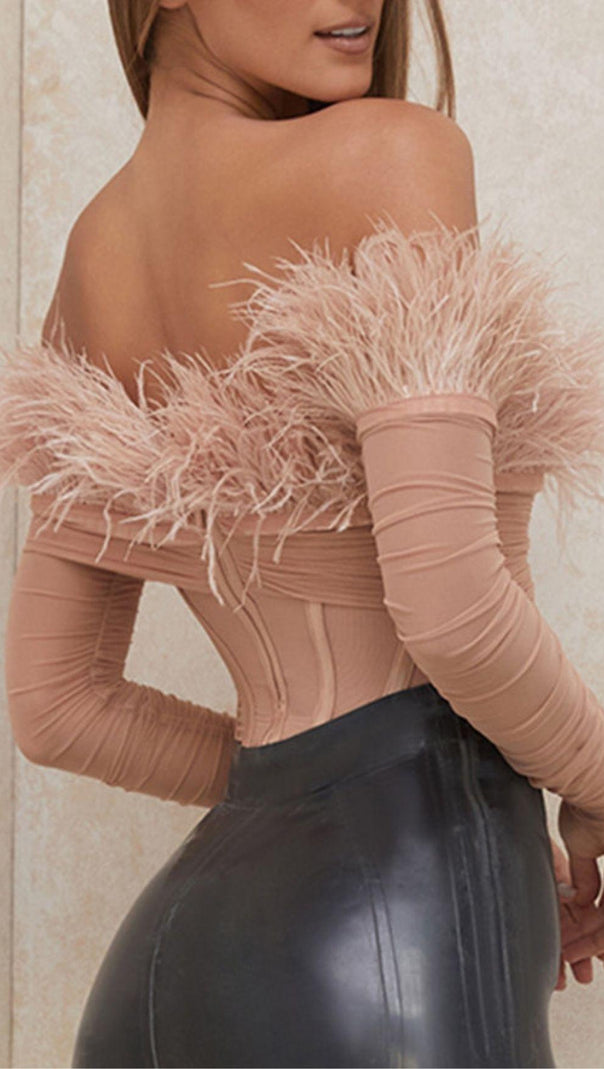 AIIZIE FEATHER BODYSUIT IN BLUSH PINK - product image
