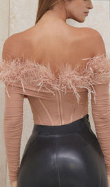 FEATHER BODYSUIT IN BLUSH PINK