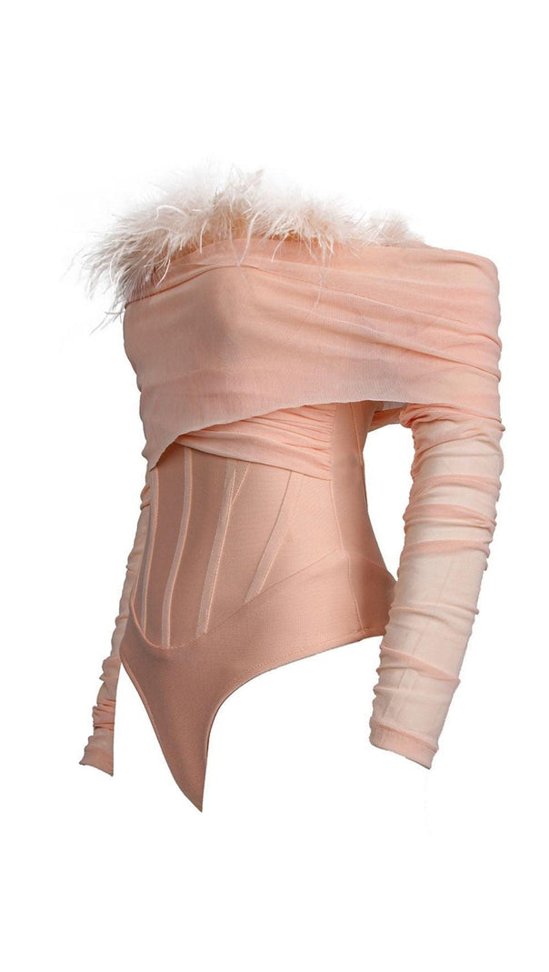AIIZIE FEATHER BODYSUIT IN BLUSH PINK - product image