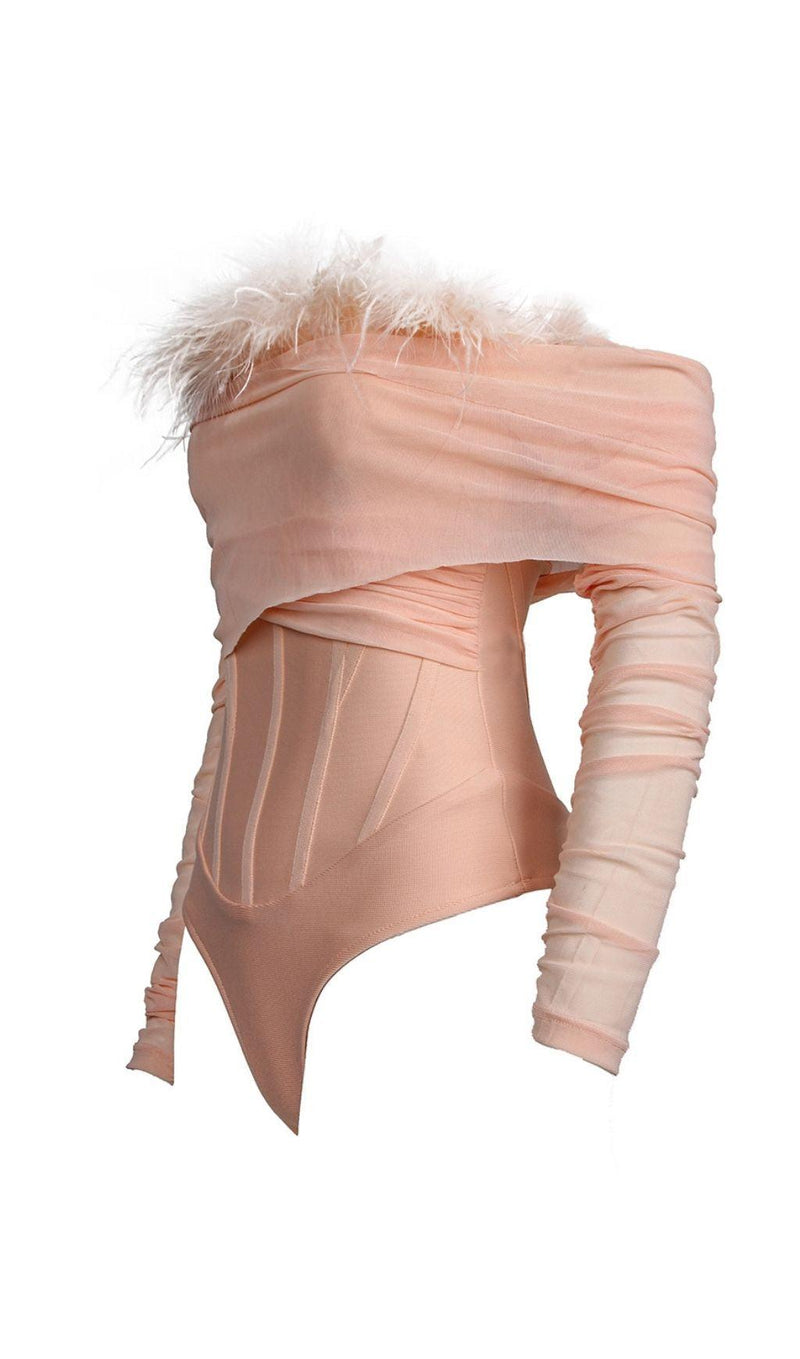 FEATHER BODYSUIT IN BLUSH PINK