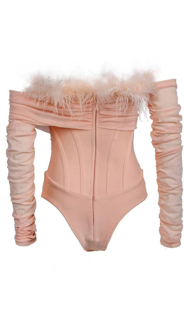 AIIZIE FEATHER BODYSUIT IN BLUSH PINK - product image