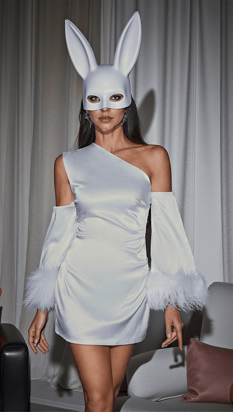 KLARA SATIN FEATHER TRIMMED MINI DRESS IN WHITE