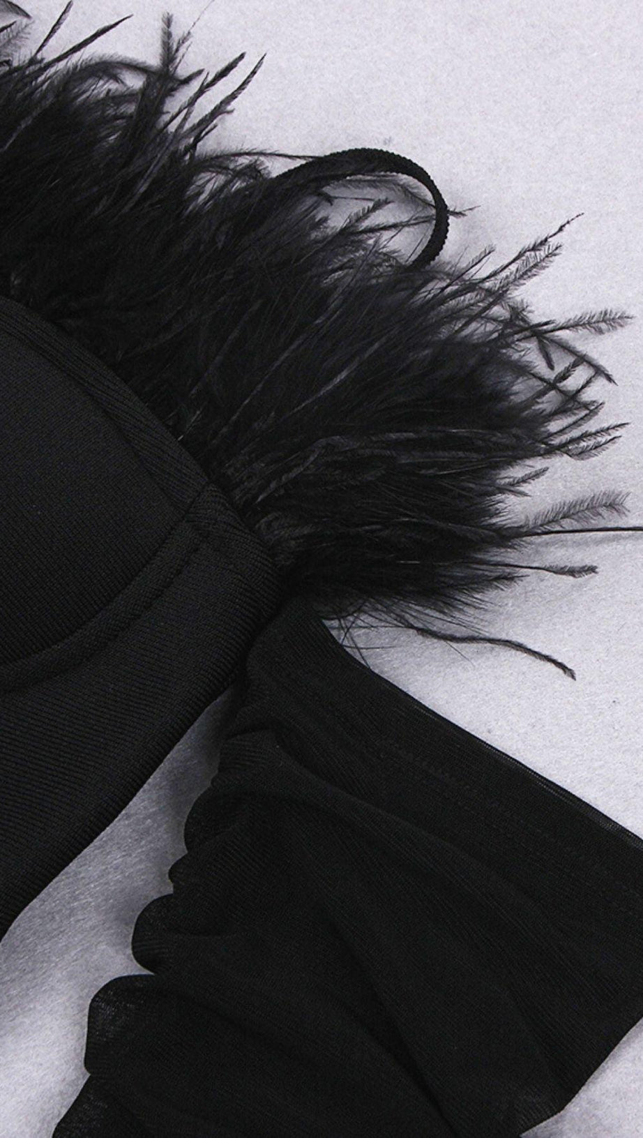 FEATHER LONG SLEEVE BANDAGE MINI DRESS IN BLACK