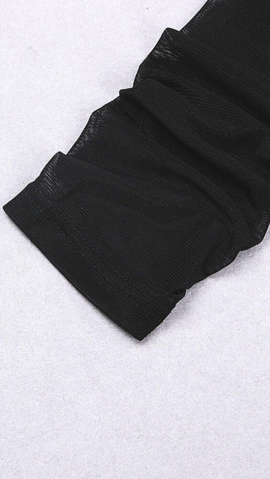 FEATHER LONG SLEEVE BANDAGE MINI DRESS IN BLACK