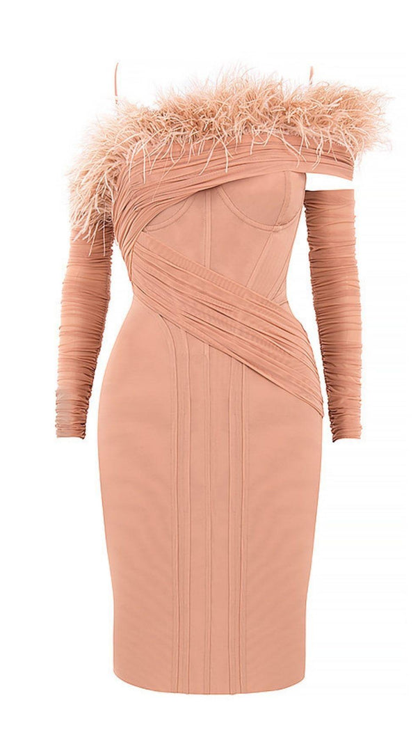 AIIZIE FEATHER LONG SLEEVE BANDAGE MINI DRESS IN BLACK - product image