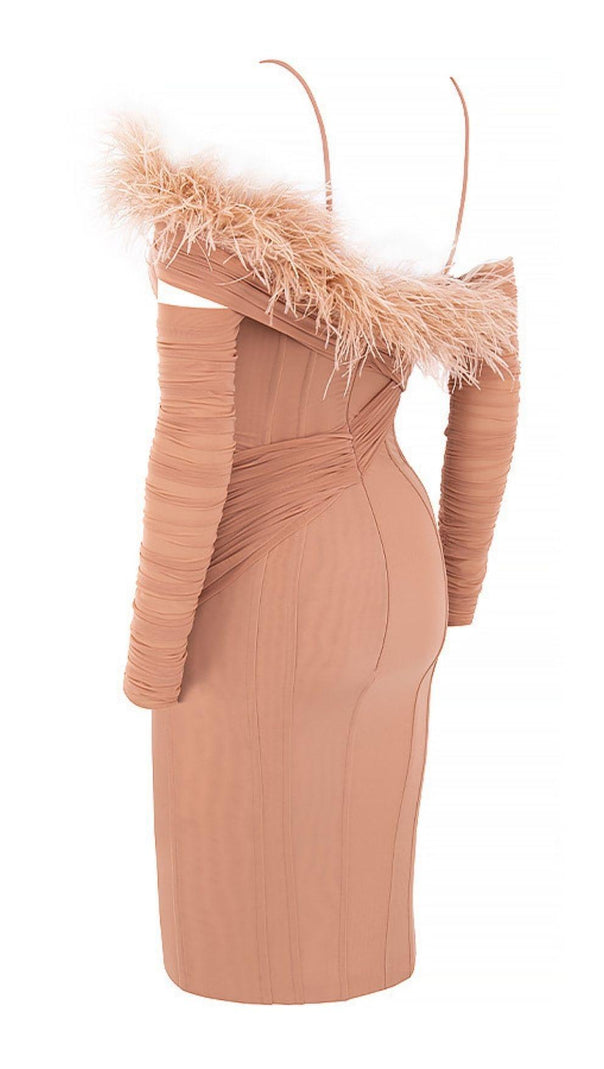 Feather Long Sleeve Bandage Mini Dress in Black