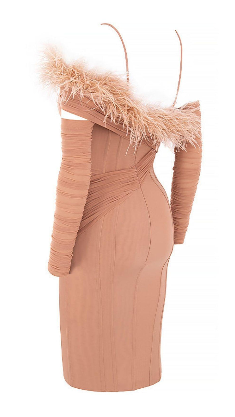 FEATHER LONG SLEEVE BANDAGE MINI DRESS IN BLACK