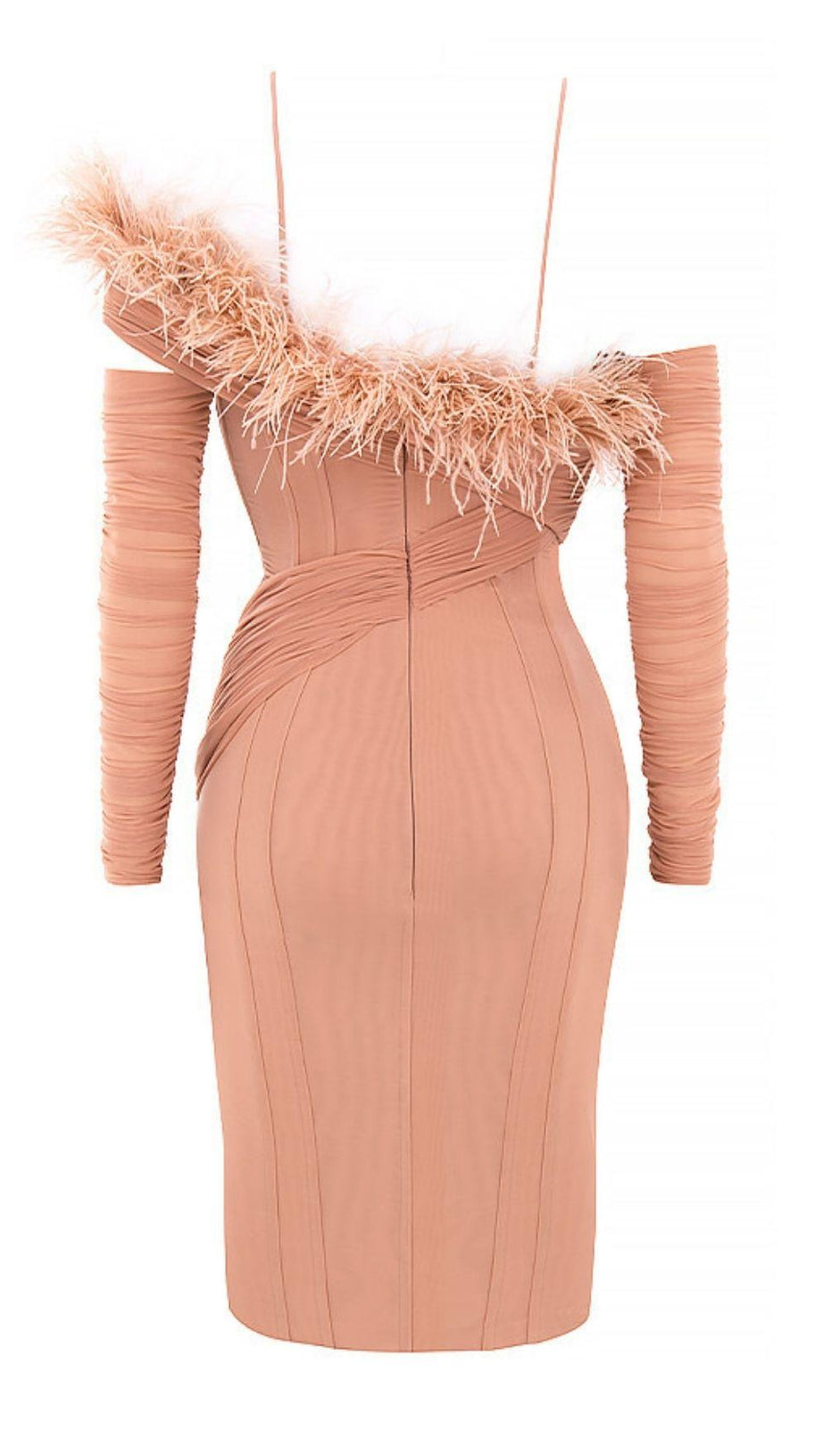 FEATHER LONG SLEEVE BANDAGE MINI DRESS IN BLACK