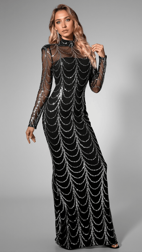 Daena Maxikleid mit Pailletten und Netzkette