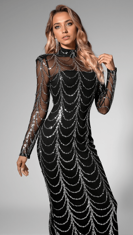 Daena Maxikleid mit Pailletten und Netzkette