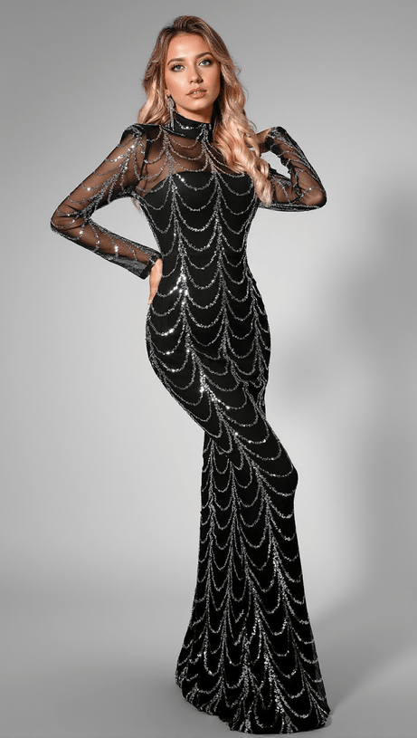 Daena Maxikleid mit Pailletten und Netzkette