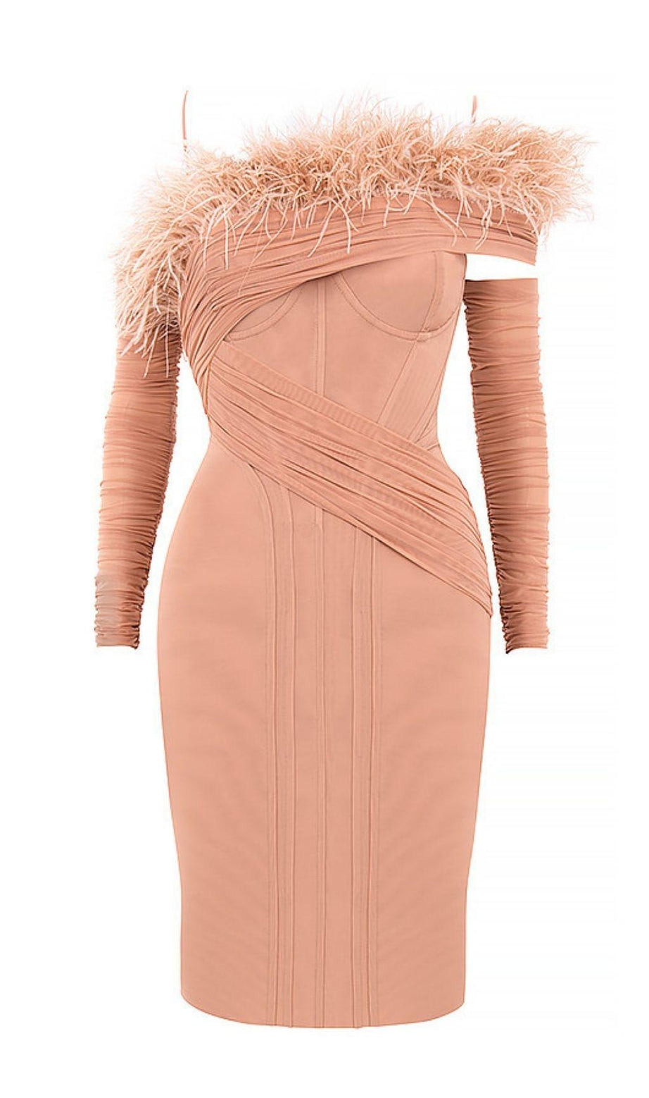 LANGÄRMELIGES BANDAGE-MINIKLEID MIT FEDERN IN ROSA