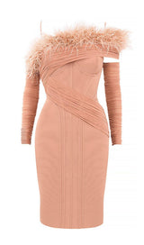 FEATHER LONG SLEEVE BANDAGE MINI DRESS IN BLUSH PINK