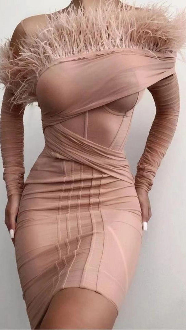 AIIZIE FEATHER LONG SLEEVE BANDAGE MINI DRESS IN BLUSH PINK - product image