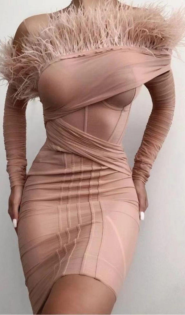 FEATHER LONG SLEEVE BANDAGE MINI DRESS IN BLUSH PINK