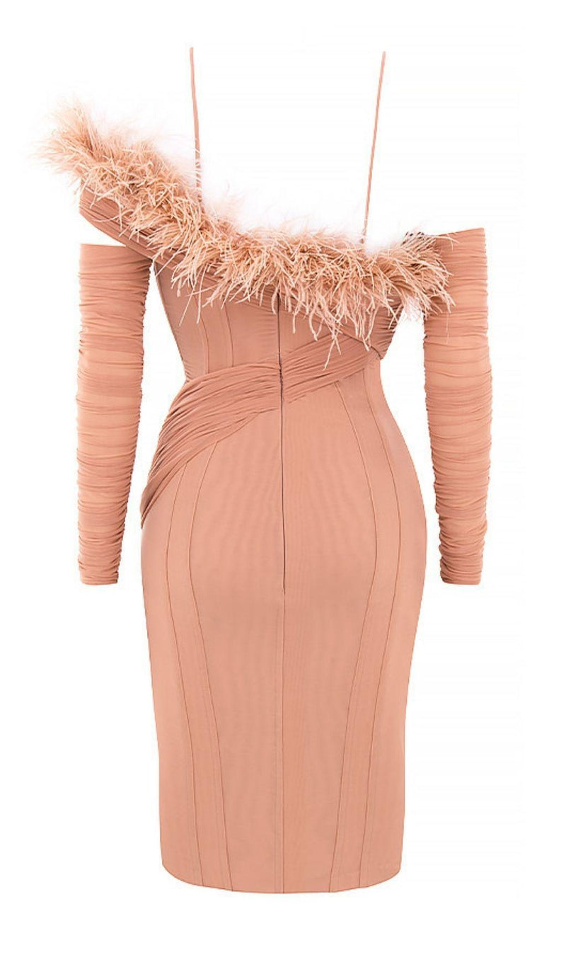 FEATHER LONG SLEEVE BANDAGE MINI DRESS IN BLUSH PINK