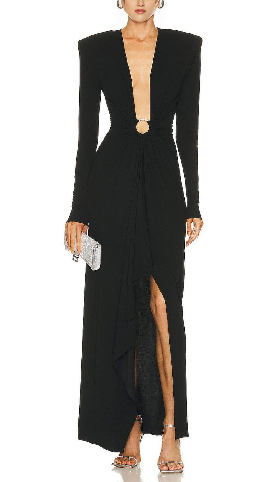 BLACK V NECK SPLIT THIGH MAXI DRESS