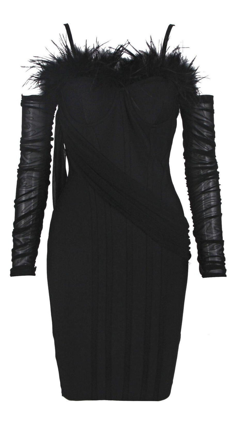 FEATHER LONG SLEEVE BANDAGE MINI DRESS IN BLUSH PINK