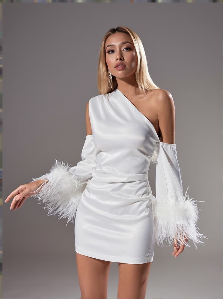 Klara Satin Feather Trimmed Mini Dress In White