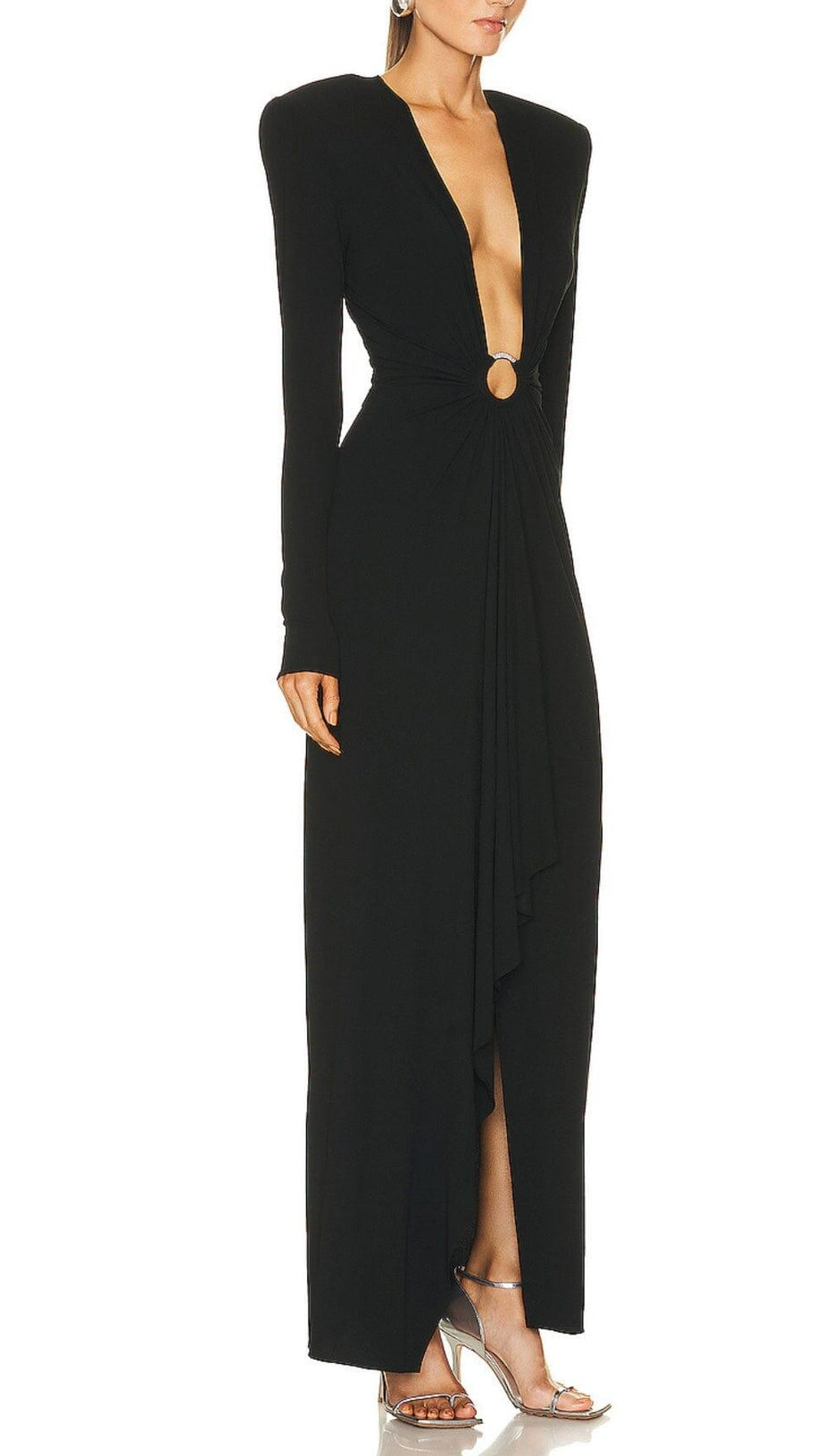 BLACK V NECK SPLIT THIGH MAXI DRESS