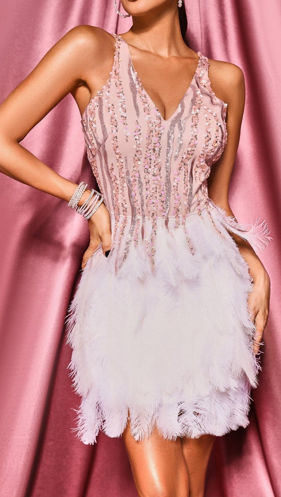 FEATHER SEQUIN COCKTAIL MINI DRESS
