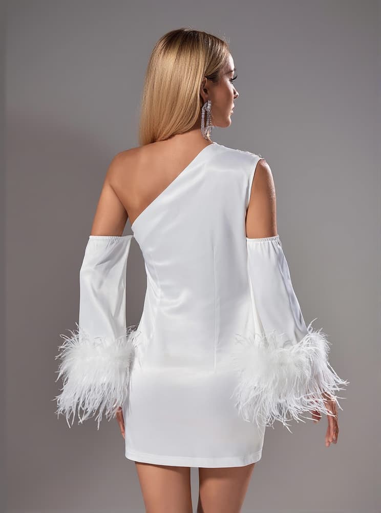 Klara Satin Feather Trimmed Mini Dress In White