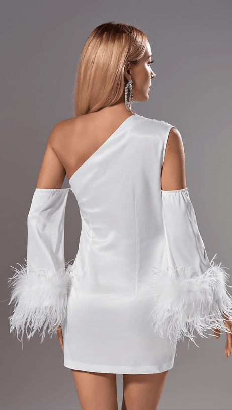 KLARA SATIN FEATHER TRIMMED MINI DRESS IN WHITE