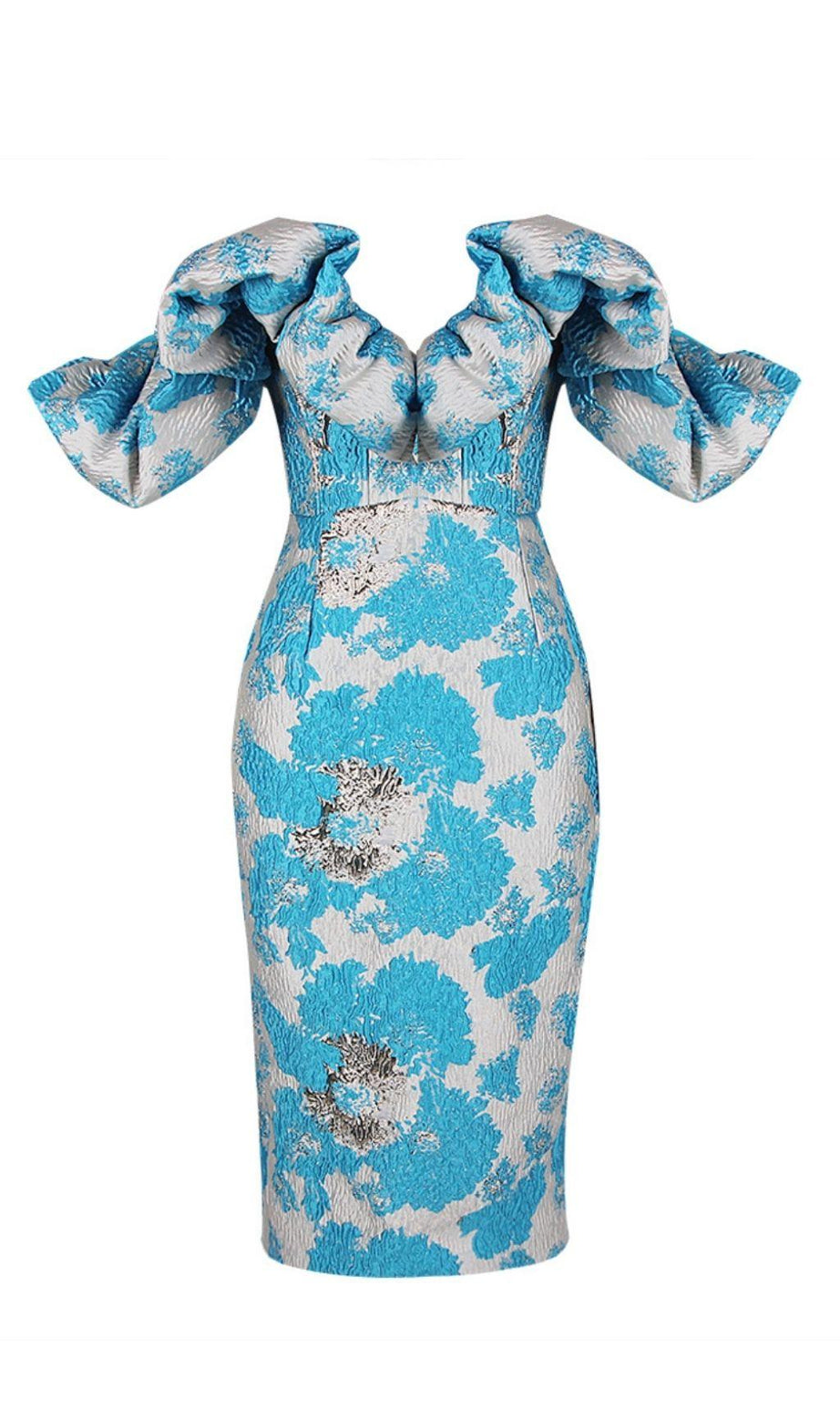 ABITO MIDI JACAUARD SENZA SPALLINE IN BLU