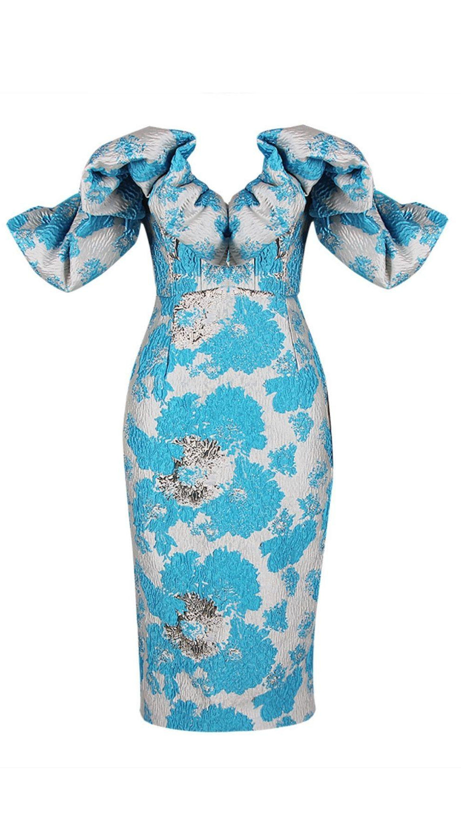 JACAUARD STRAPLESS MIDI DRESS IN BLUE