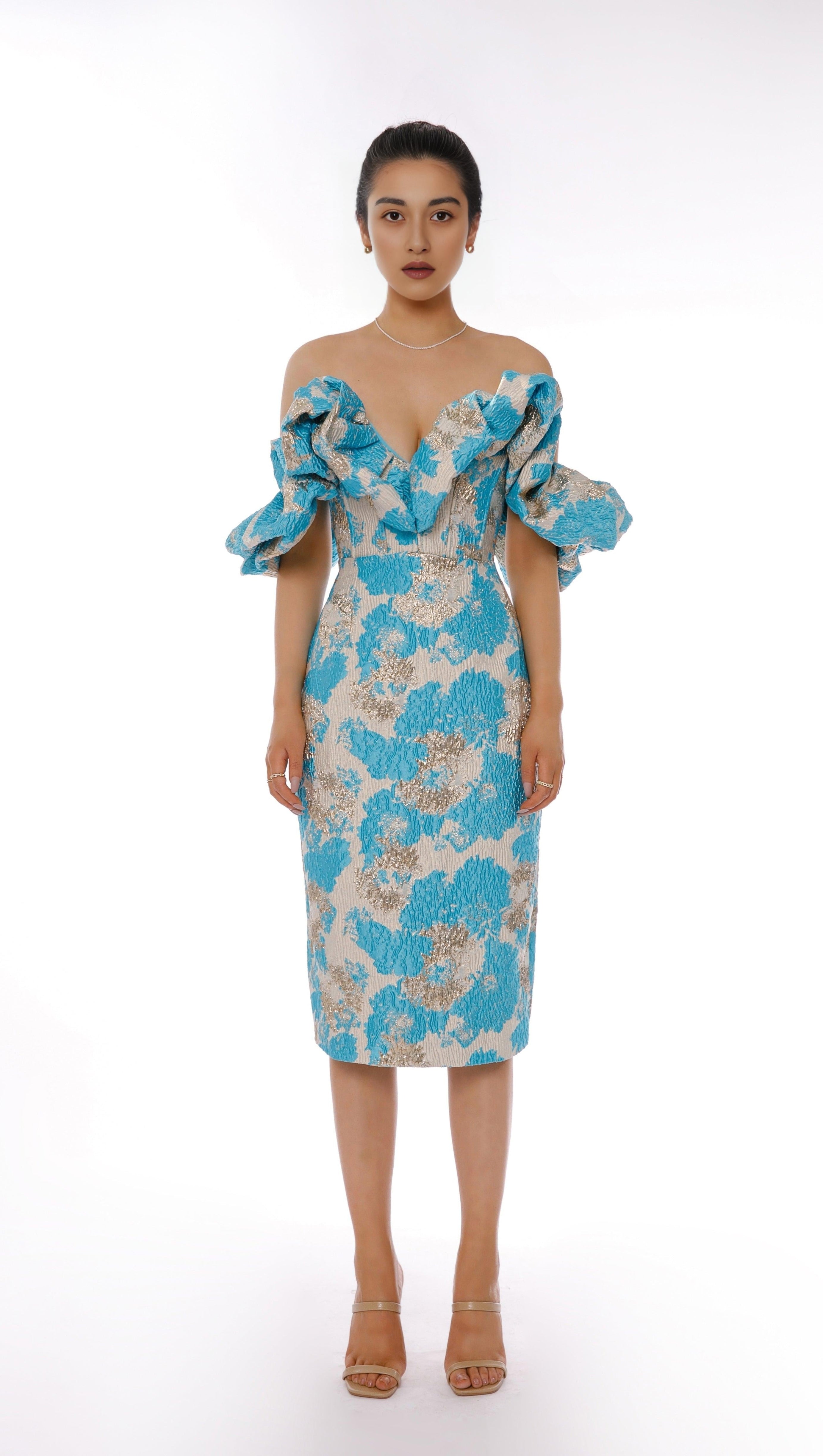 JACAUARD STRAPLESS MIDI DRESS IN BLUE