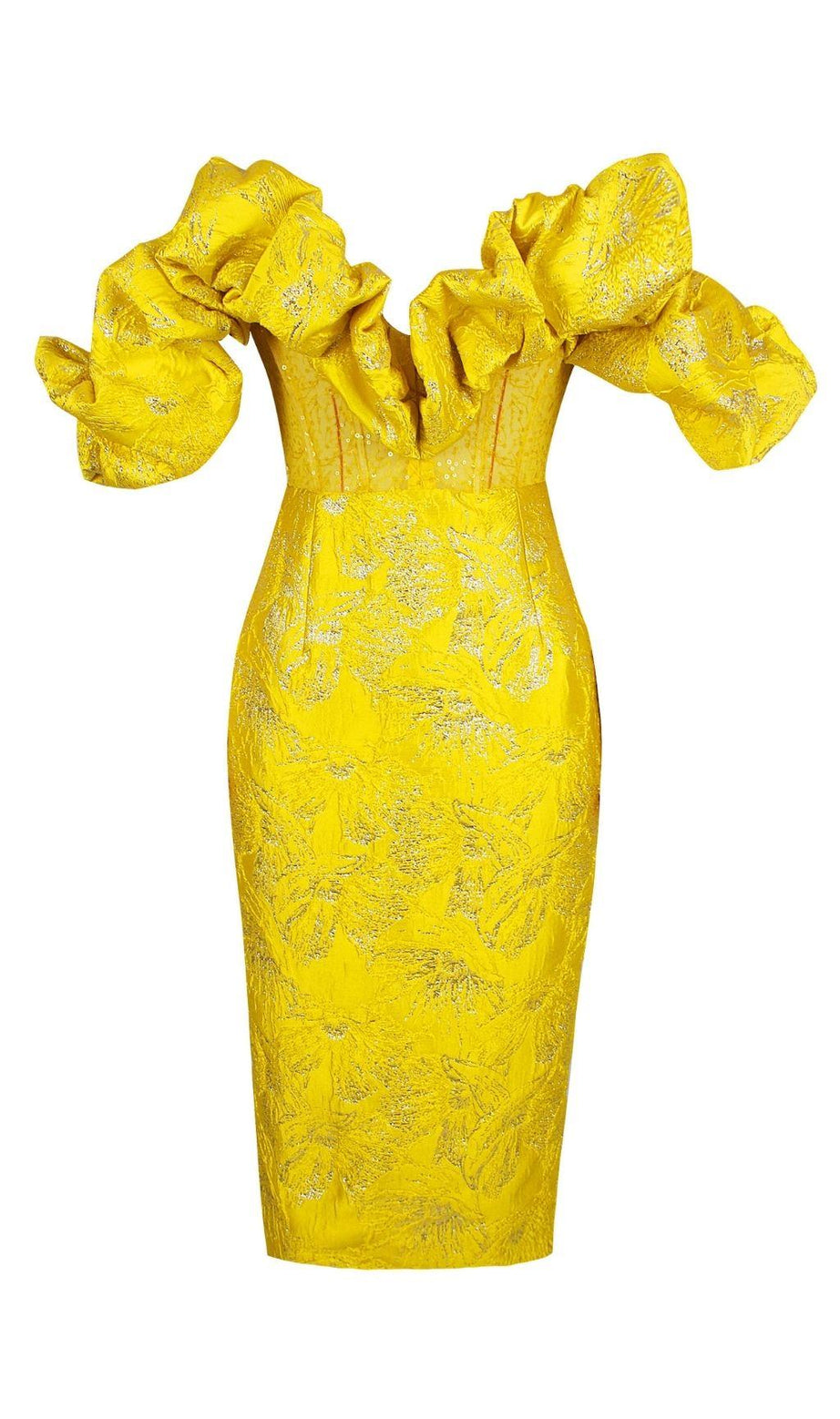 ABITO MIDI JACQUARD SENZA SPALLINE GIALLO
