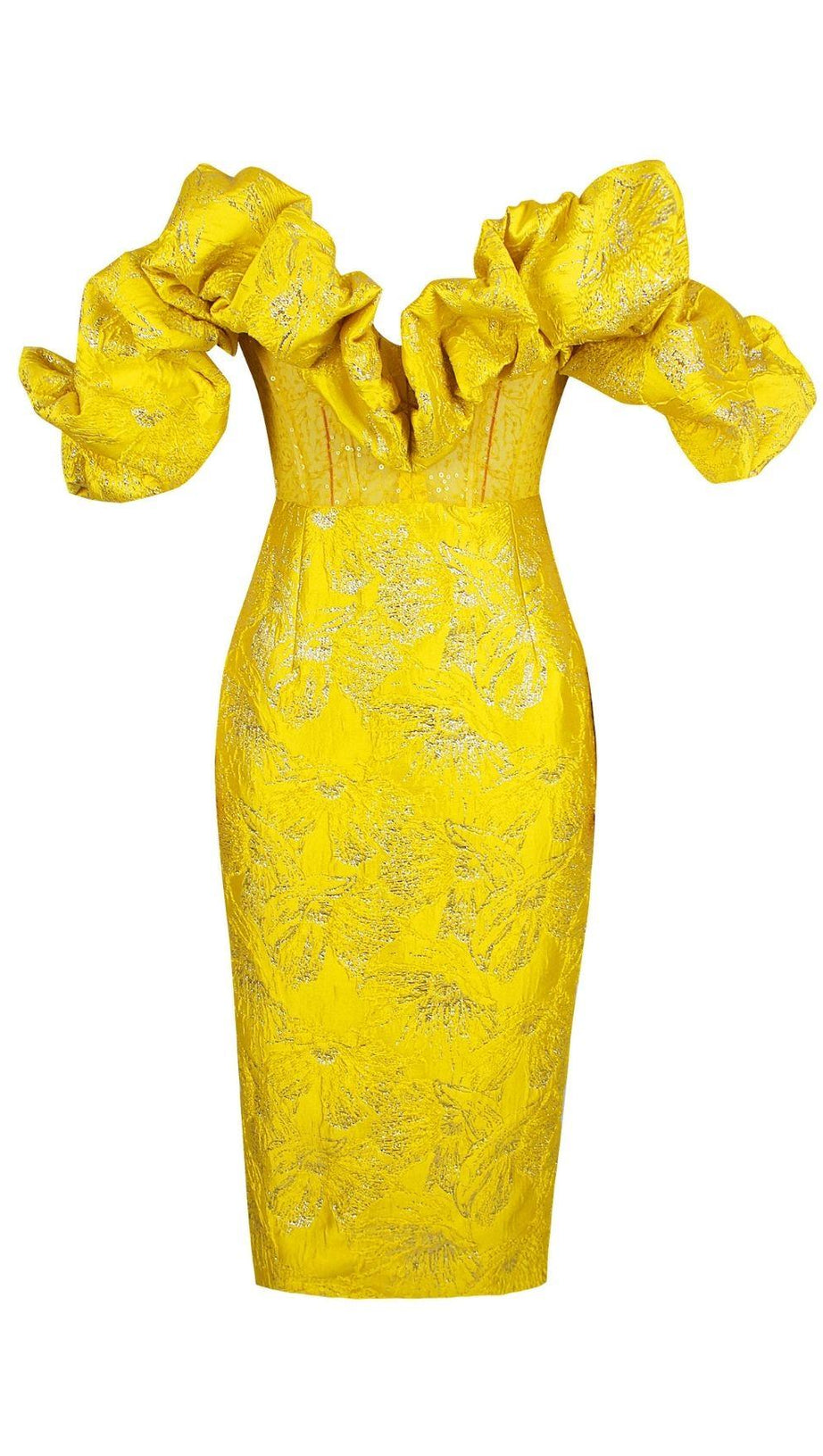 JACQUARD STRAPLESS MIDI DRESS IN YELLOW