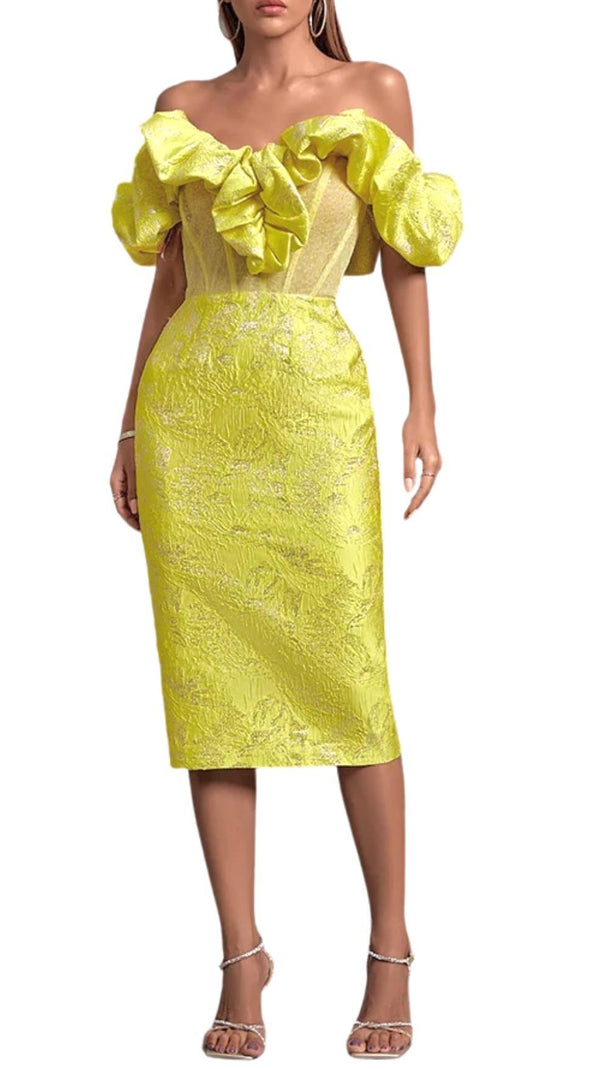 AIIZIE JACQUARD STRAPLESS MIDI DRESS IN YELLOW - product image