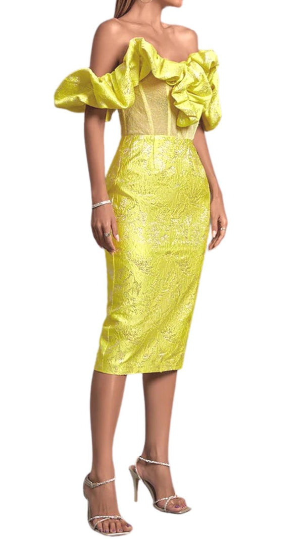 AIIZIE JACQUARD STRAPLESS MIDI DRESS IN YELLOW - product image